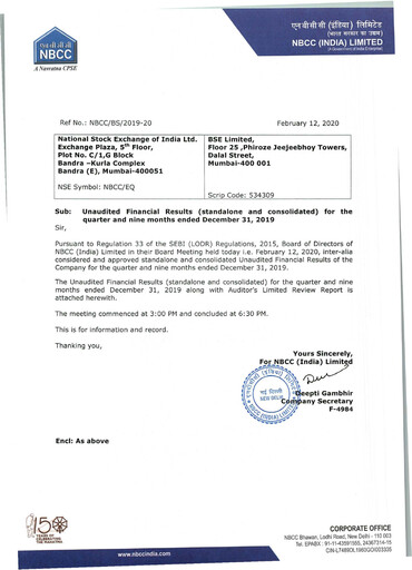 Miniature NBCC India Rapport trimestriel 2019-q3