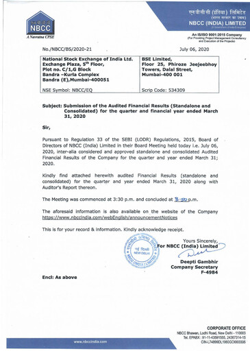 Miniature NBCC India Rapport trimestriel 2020-q4