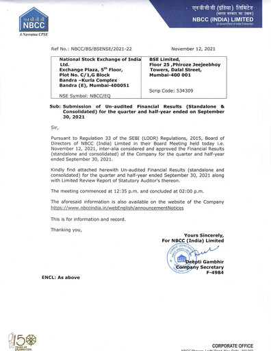 Miniature NBCC India Rapport trimestriel 2021-q2