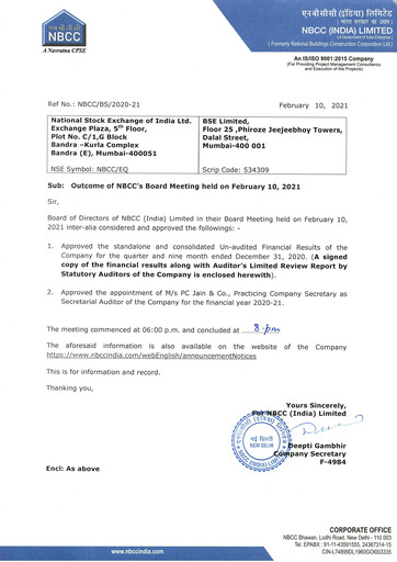 Miniature NBCC India Rapport trimestriel 2021-q3