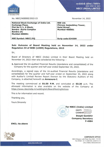 Miniature NBCC India Rapport trimestriel 2022-q2