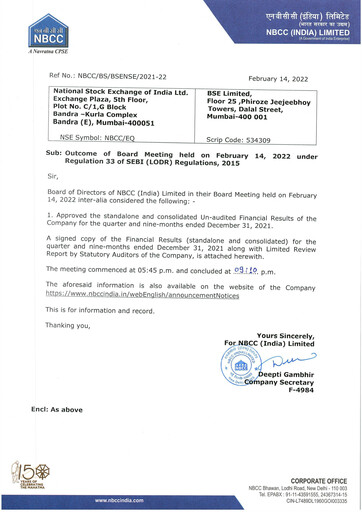 Miniature NBCC India Rapport trimestriel 2022-q3