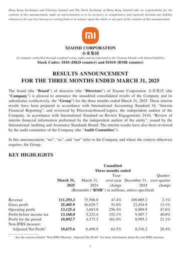 Vorschaubild Xiaomi Finanzmitteilung 2025-q1