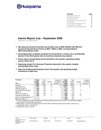 Miniature Husqvarna Rapport trimestriel 2006-q3