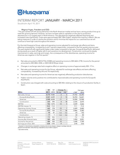 Miniature Husqvarna Rapport trimestriel 2011-q1