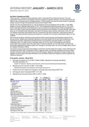Miniature Husqvarna Rapport trimestriel 2015-q1