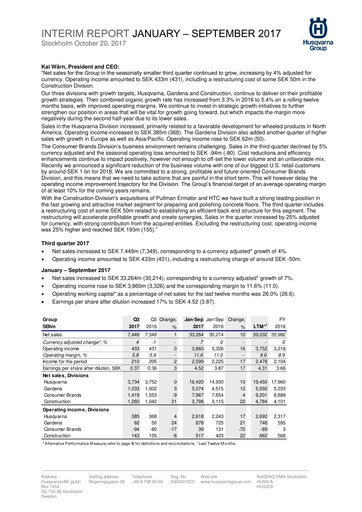 Miniature Husqvarna Rapport trimestriel 2017-q3