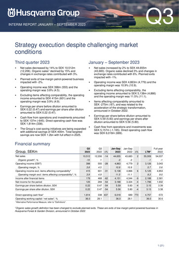 Miniature Husqvarna Rapport trimestriel 2023-q3