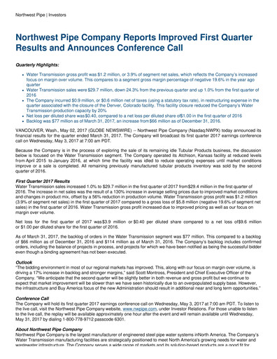 Thumbnail Northwest Pipe Company
 Quarterly Report 2017-q1