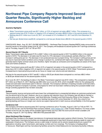 Thumbnail Northwest Pipe Company
 Quarterly Report 2017-q2