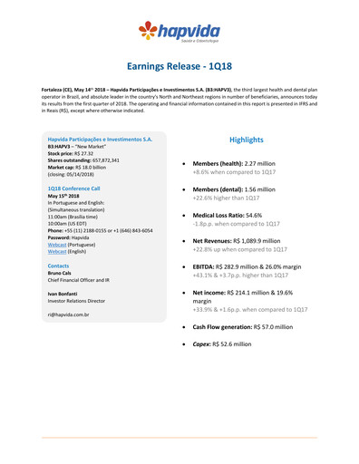 Miniature Hapvida Rapport trimestriel 2018-q1