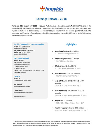 Miniature Hapvida Rapport trimestriel 2018-q2