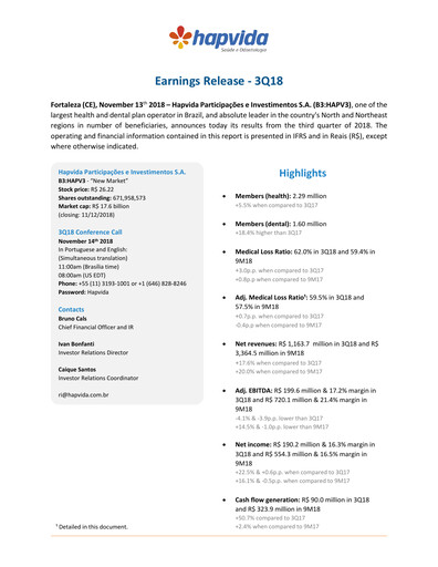 Miniature Hapvida Rapport trimestriel 2018-q3