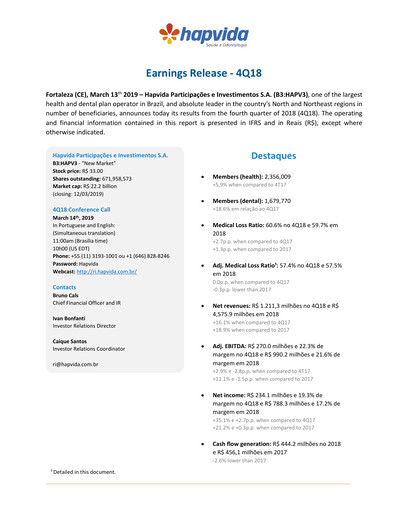 Miniature Hapvida Rapport trimestriel 2018-q4