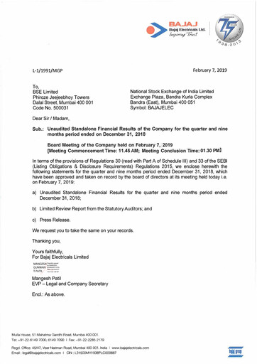 Thumbnail Bajaj Electricals
 Quarterly Report 2018-q3