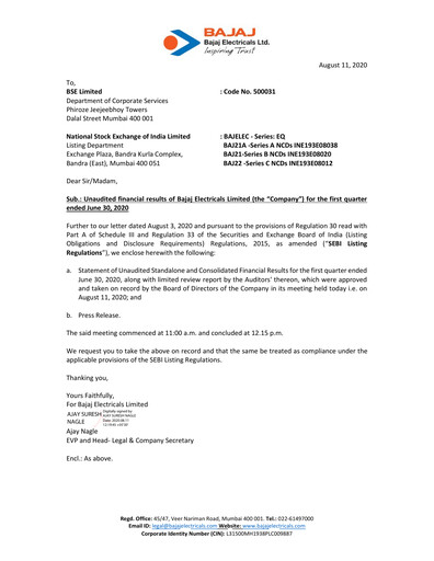 Thumbnail Bajaj Electricals
 Quarterly Report 2020-q1