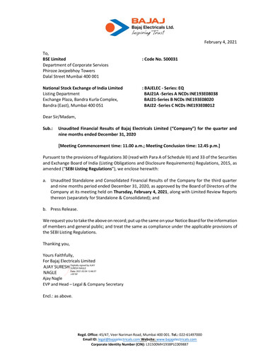 Thumbnail Bajaj Electricals
 Quarterly Report 2020-q3