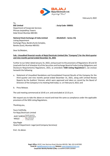 Thumbnail Bajaj Electricals
 Quarterly Report 2021-q3