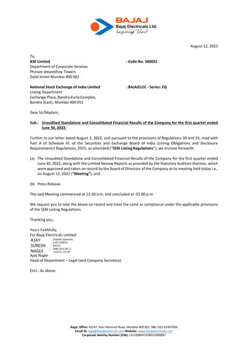 Thumbnail Bajaj Electricals
 Quarterly Report 2022-q1