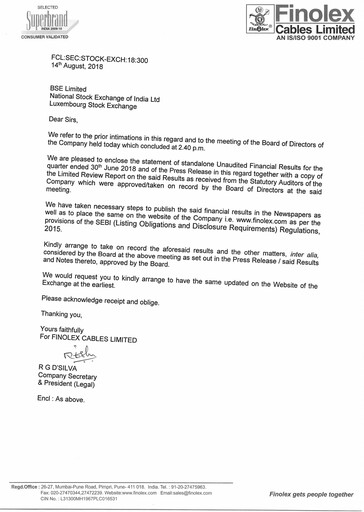 Miniature Finolex Cables
 Rapport trimestriel 2018-q1