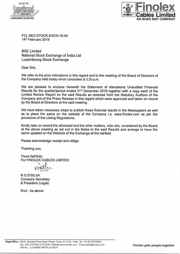 Miniature Finolex Cables
 Rapport trimestriel 2018-q3