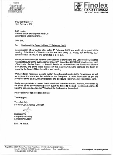 Miniature Finolex Cables
 Rapport trimestriel 2020-q3