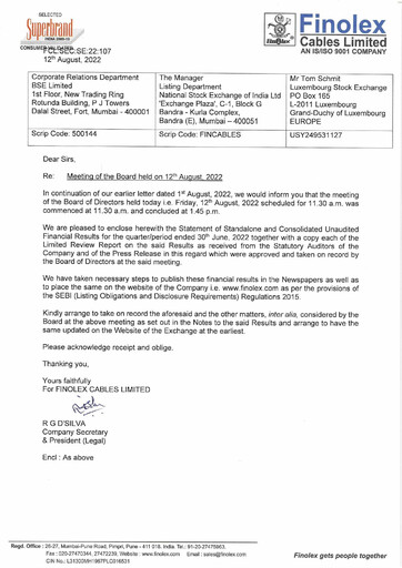 Miniature Finolex Cables
 Rapport trimestriel 2022-q1