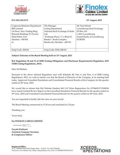 Miniature Finolex Cables
 Rapport trimestriel 2023-q1