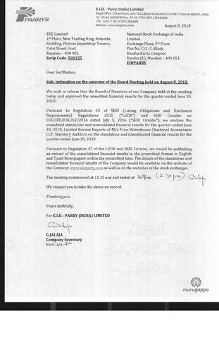 Miniature East India Distilleries Parry Rapport trimestriel 2018-q1