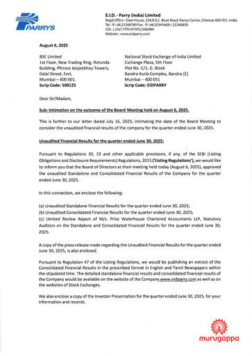 Miniature East India Distilleries Parry Rapport trimestriel 2025-q1