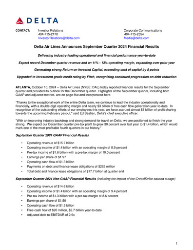 Miniature Delta Air Lines Rapport trimestriel 2024-q3