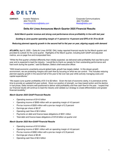 Miniature Delta Air Lines Rapport trimestriel 2025-q1