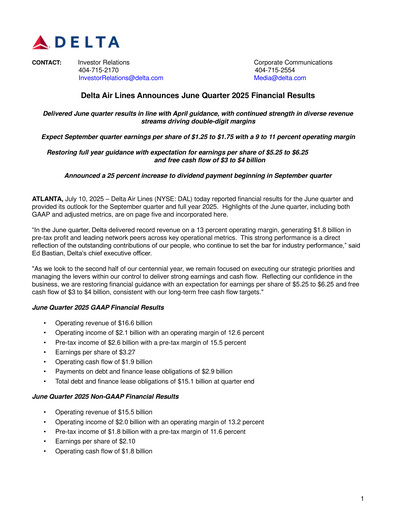 Miniature Delta Air Lines Rapport trimestriel 2025-q2