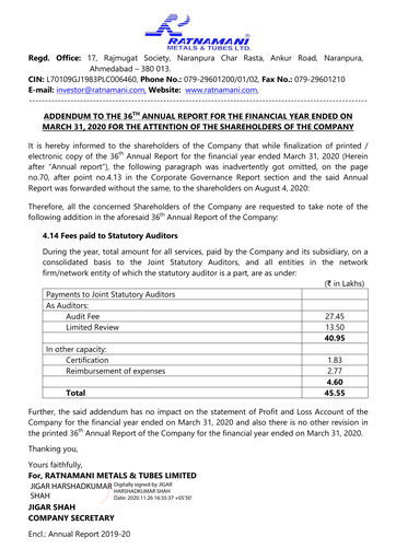 Thumbnail Ratnamani Metals & Tubes Annual Report 2019-2020