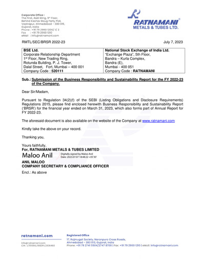 Thumbnail Ratnamani Metals & Tubes ESG Report 2022-2023