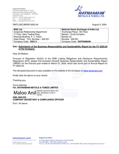 Thumbnail Ratnamani Metals & Tubes ESG Report 2023-2024