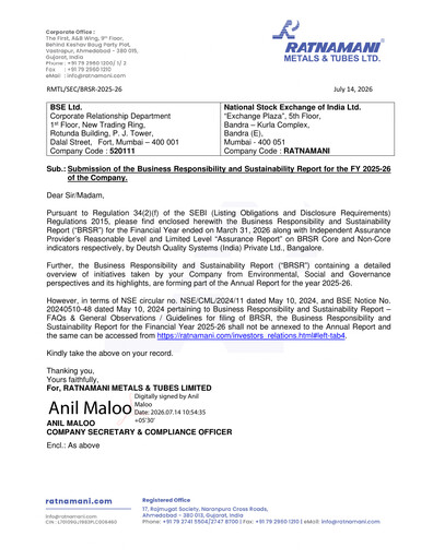 Thumbnail Ratnamani Metals & Tubes ESG Report 2025-2026