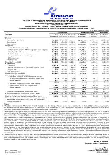 Thumbnail Ratnamani Metals & Tubes Quarterly Report 2020-q3