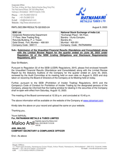 Thumbnail Ratnamani Metals & Tubes Quarterly Report 2023-q1
