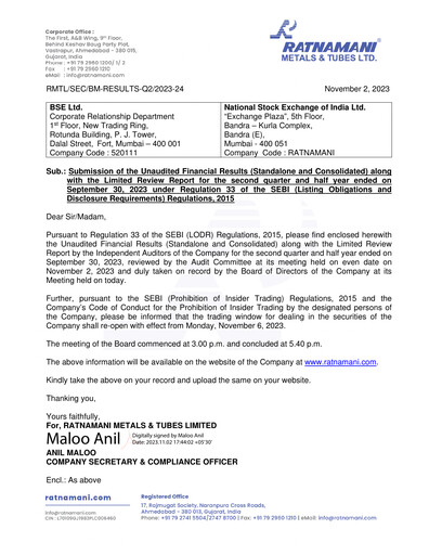 Thumbnail Ratnamani Metals & Tubes Quarterly Report 2023-q2