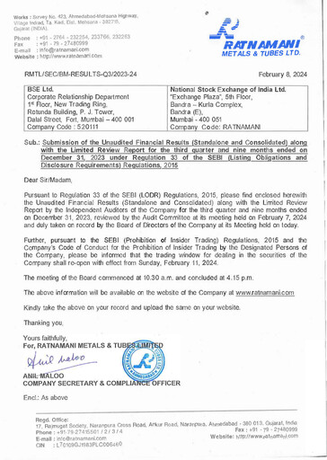 Thumbnail Ratnamani Metals & Tubes Quarterly Report 2023-q3