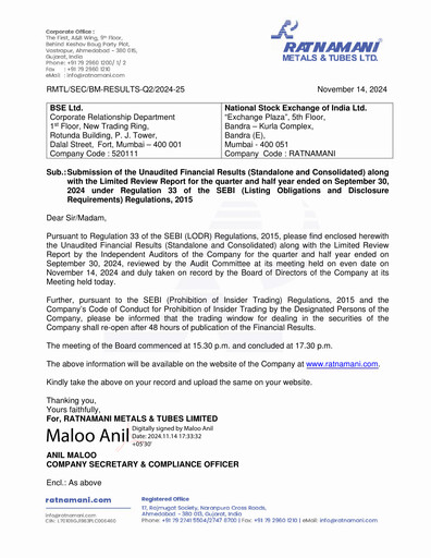 Thumbnail Ratnamani Metals & Tubes Quarterly Report 2024-q2
