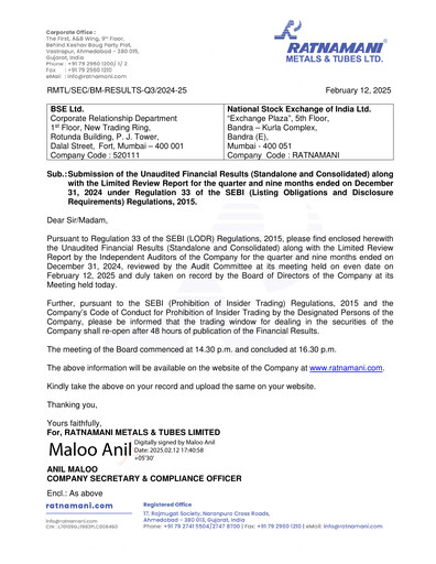 Thumbnail Ratnamani Metals & Tubes Quarterly Report 2024-q3