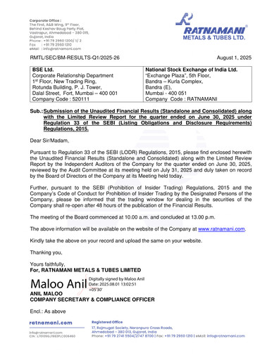Thumbnail Ratnamani Metals & Tubes Quarterly Report 2025-q1