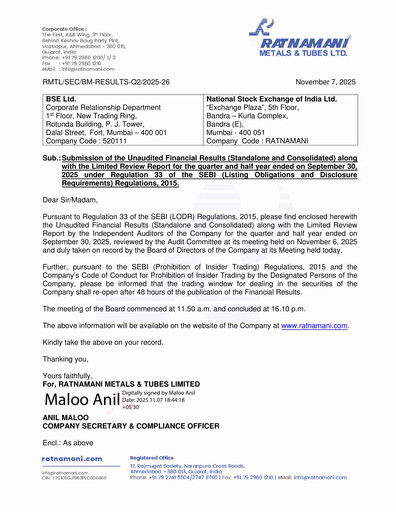 Thumbnail Ratnamani Metals & Tubes Quarterly Report 2025-q2