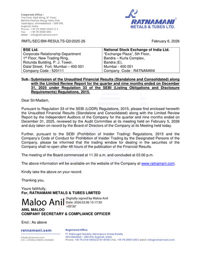 Thumbnail Ratnamani Metals & Tubes Quarterly Report 2025-q3
