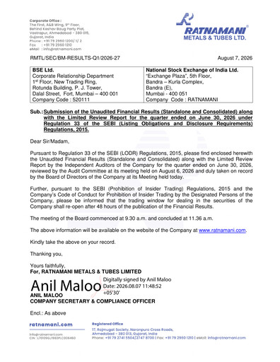 Thumbnail Ratnamani Metals & Tubes Quarterly Report 2026-q1