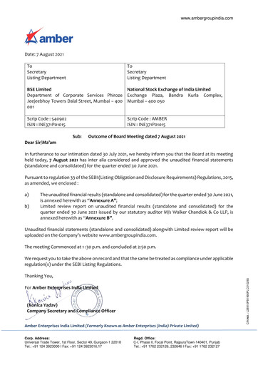 Thumbnail Amber Enterprises India
 Quarterly Report 2021-q1