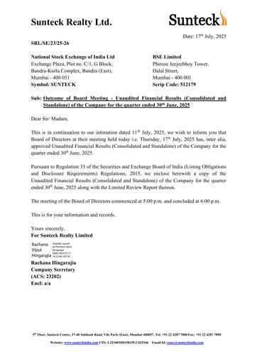 Thumbnail Sunteck Realty
 Quarterly Report 2025-q1