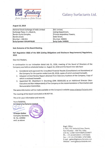 Vorschaubild Galaxy Surfactants
 Quartalsbericht 2018-q1
